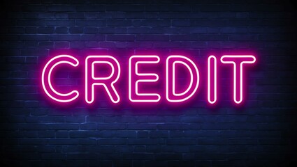 Obraz premium neon backlit style of the word credit on a brick wall background