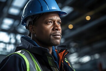 A focused construction worker in a hard hat, showcasing dedication and professionalism in a dynamic work environment.