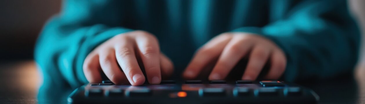 Close-up of a communication device used by an autistic child, assistive technology, special needs empowerment