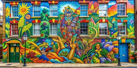 Vibrant Cityscape A Multi-Colored Mural Depicting a World of Flowers, Plants, and Abstract Shapes on a Brick Wall with Windows