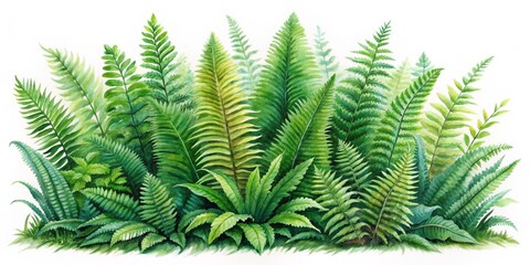 Watercolor Painting of Lush Green Fern Fronds, Illustrating a Serene Forest Landscape