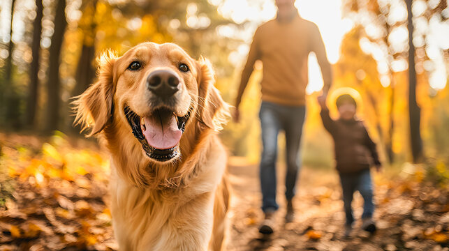 Father and little son having fun walking with dog in nature during autumn season - Family and domestic animal concept - Models by AI generative - Focus on dog face