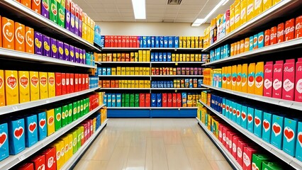 Fototapeta premium A colorful supermarket aisle with boxes of cereal stacked high on shelves.