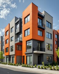 Modern apartment building with orange and gray exterior.
