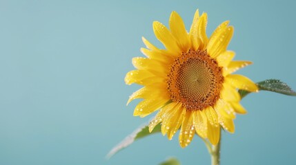 Obraz premium A sunflower in full bloom covered with dew, capturing the essence of nature's beauty and the promise of a new day in a bright blue morning sky.