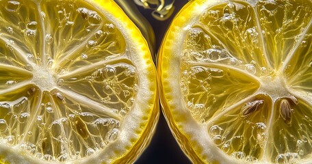 A close up of two slices of lemon with water droplets on them