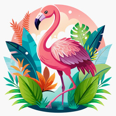 Pink Flamingo Standing in Tropical Foliage