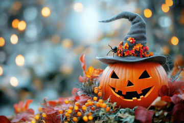 Naklejka premium Halloween decoration in the garden. Natural background with copy space haloween pumpkin lantern in witch hat, spider, autumn leaves and berries