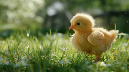 Baby chicken standing on green grass outdoor farm