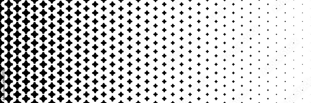 Poster horizontal halftone of black curved plus and cross design for pattern and background.