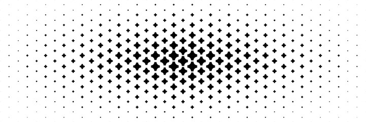 horizontal halftone of black curved plus and cross spread from center design for pattern and background.