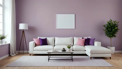 Modern living room with a white sofa, a coffee table and a plant on a purple wall.