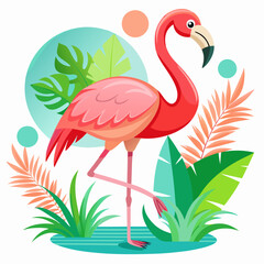 Obraz premium Pink Flamingo Standing in Tropical Foliage