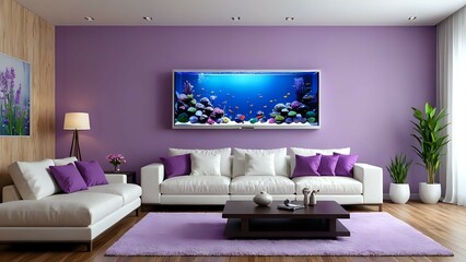 Modern living room with purple walls, white couch, and a large fish tank.