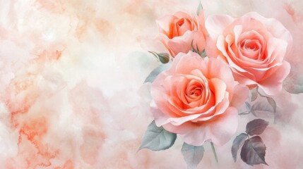 Elegant watercolor roses in shades of pink and peach set against a soft pastel background, evoking a delicate and floral atmosphere.