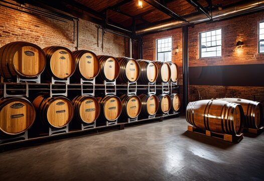industrial brewery space wooden stainless steel brewing rustic design elements, barrels, equipment, fermentation, tanks, kegs, taps, storage, craft, ale