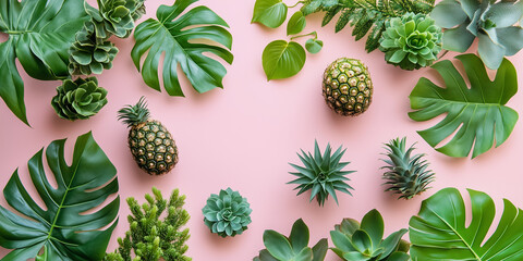 Fototapeta premium A bright and eye-catching arrangement of various succulents and pineapples laid out on a pastel pink background, giving a fresh, summery vibe to the composition.
