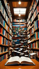 An open book lies on a table in a library with bookshelves full of books and pages flying in the air.