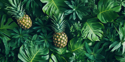 Obraz premium A dense collection of green tropical leaves, mixed with pineapples, conjures up an image of an enchanting jungle, full of lush greenery and inviting vibrancy.