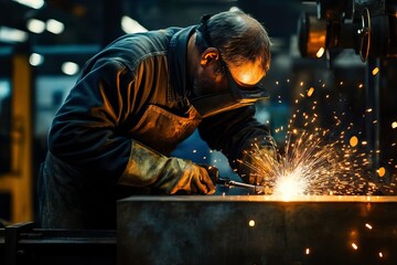 A skilled worker engages in metalworking, creating sparks while diligently shaping materials in a well-lit workshop.