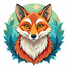Obraz premium A Detailed Illustration of a Red Fox's Head with Green Leaves