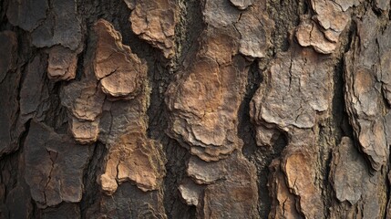 A detailed closeup view of rough tree bark that highlights intricate textures