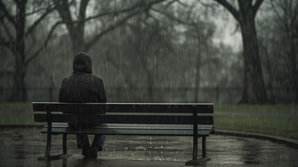 Man sitting alone on a bench in the rain