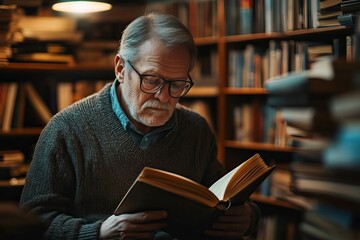 An elderly man reading a book in a cozy, dimly lit library filled with shelves of literature.