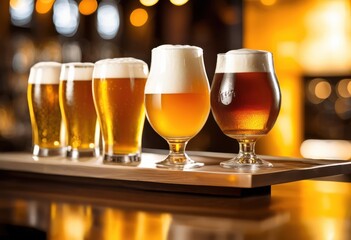 distinctive beer glass showcase featuring variety frothy beverages unique styles designs, collection, alcohol, craft, refreshing, cold, transparent, bubbles