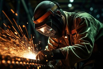 An intense moment of a welder creating sparks in a dimly lit workshop, showcasing craftsmanship and industrial skill.