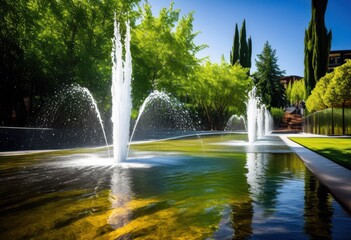 vibrant water streams emanating from contemporary fountain design sleek lines dynamic flow, basin, beauty, creativity, droplets, elegance, enjoyment