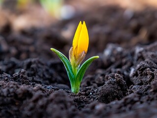 A small yellow flower growing out of the ground