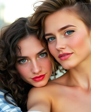 Lesbians couple, smiling on the street, blurred background, long hair, blonde, outdoors during daytime