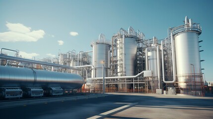 Obraz premium A photo of a biofuel refinery with tanks and pipes.
