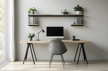 Minimalist home office with black and white decor,workspace