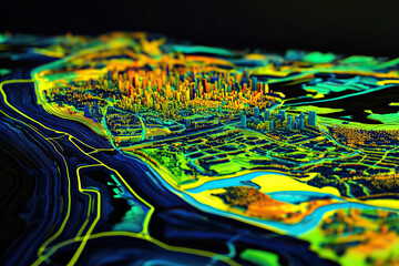 Technical aerial visual, 3D LiDAR GIS aerial map satellite scan model isolated, showing Waterloo, Canada. Elevation, topography, render