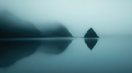Coastal landscape shrouded in fog, with faint silhouettes of distant landforms reflecting in the water, creating a mysterious atmosphere.