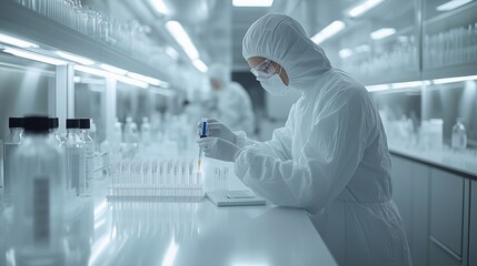 A scientist in protective gear working with test tubes in a sterile laboratory environment.