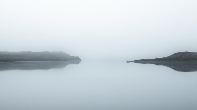 Coastal landscape shrouded in fog, with faint silhouettes of distant landforms reflecting in the water, creating a mysterious atmosphere.