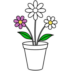 Flowering Potted Plant line art Vector on White Background