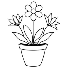 Flowering Potted Plant line art Vector on White Background
