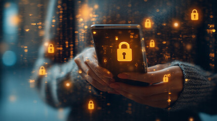 woman's hand holds a smartphone displaying a security lock screen, symbolizing privacy and digital security. The focus is on the phone's screen with a blurred background for depth