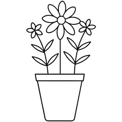 Flowering Potted Plant line art Vector on White Background