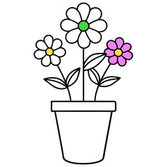 Flowering Potted Plant line art Vector on White Background