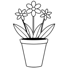 Flowering Potted Plant line art Vector on White Background