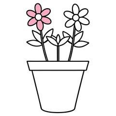 Flowering Potted Plant line art Vector on White Background