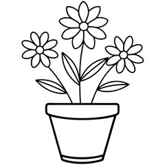 Flowering Potted Plant line art Vector on White Background