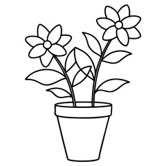 Flowering Potted Plant line art Vector on White Background