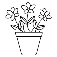 Flowering Potted Plant line art Vector on White Background