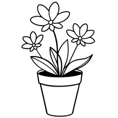 Flowering Potted Plant line art Vector on White Background